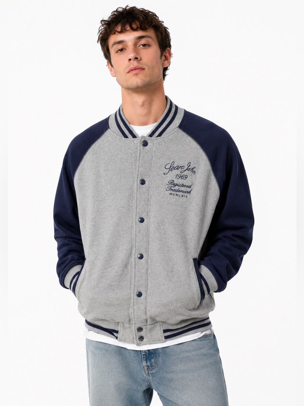 New Sean John Varsity Bomber Jacket 2XL Gray Navy Embroidered Spellout Snap Y2K